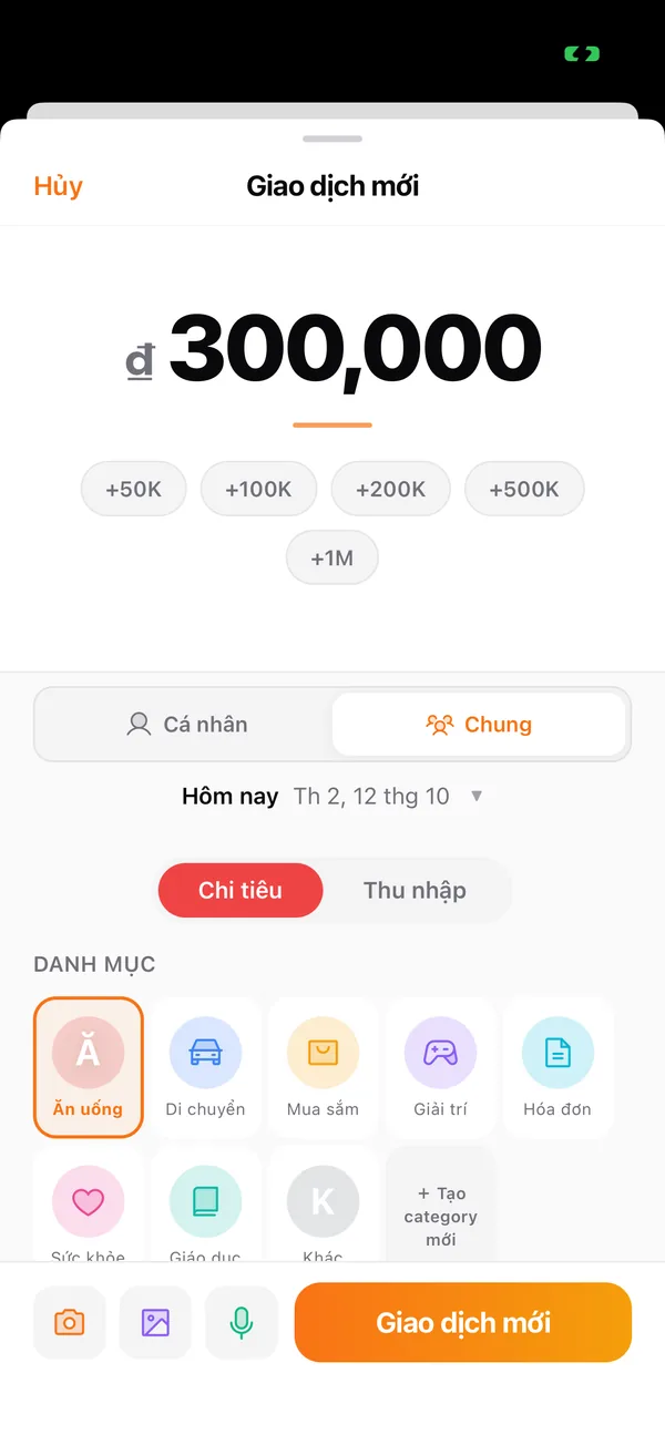 Thêm chi tiêu, chọn ví Chung