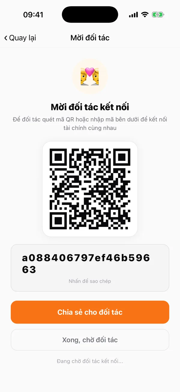 Màn hình mời người ấy (mã QR và mã mời)