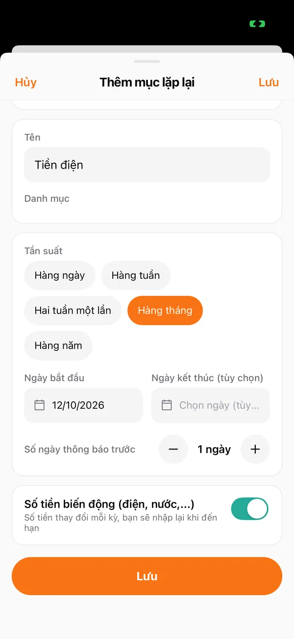 Thêm mục lặp lại với số tiền biến động