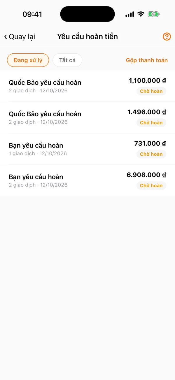 Danh sách yêu cầu hoàn tiền