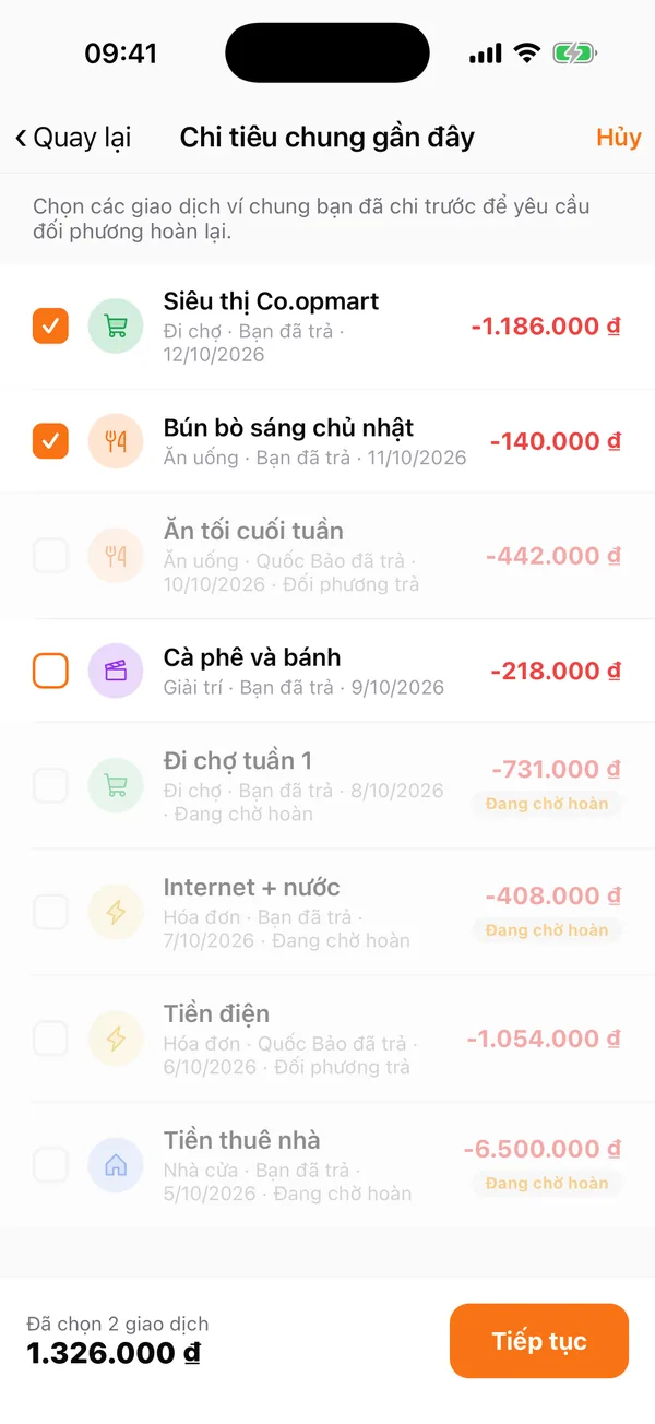 Chọn nhiều giao dịch để yêu cầu hoàn