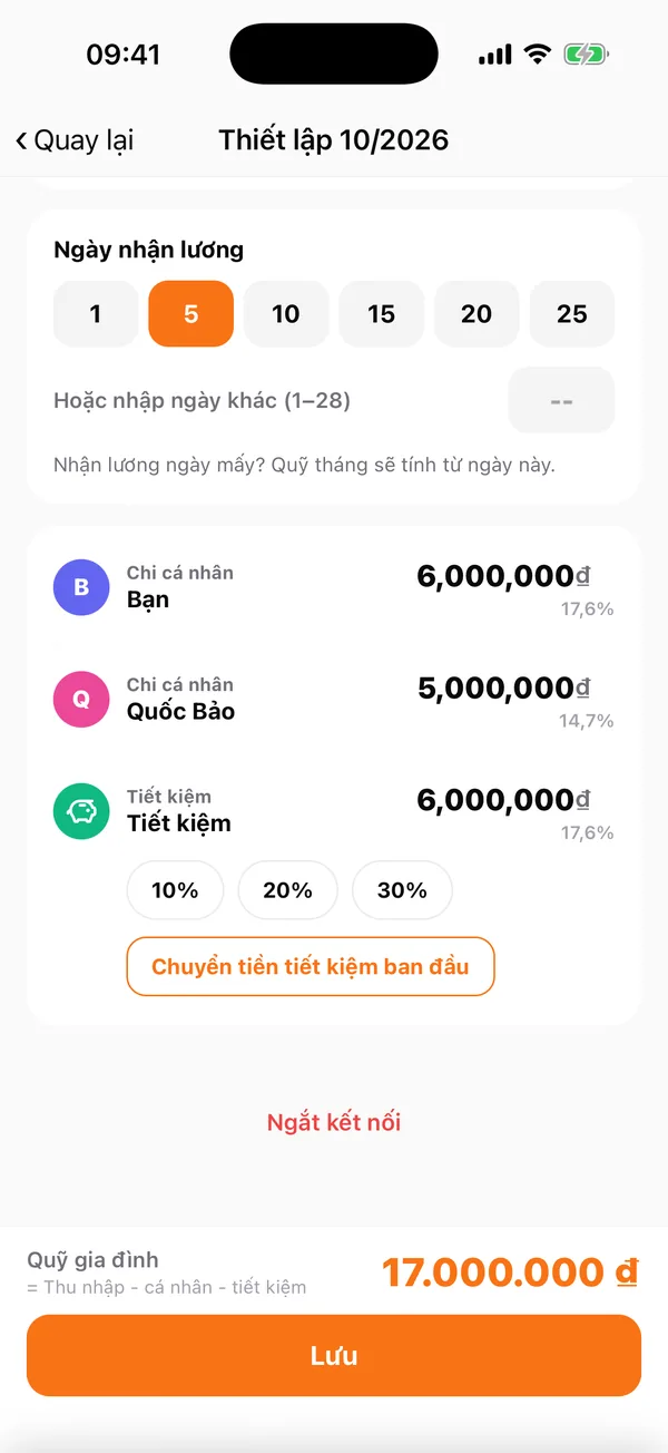 Nút Ngắt kết nối ở cuối màn Thiết lập