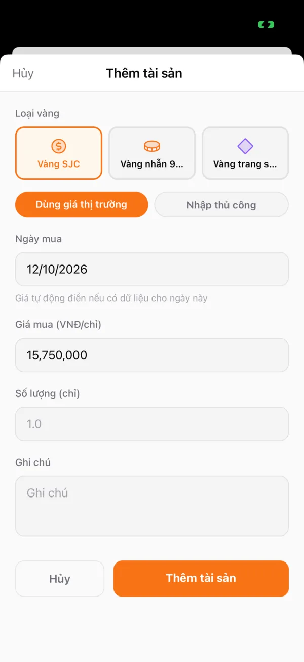 Form thêm tài sản vàng