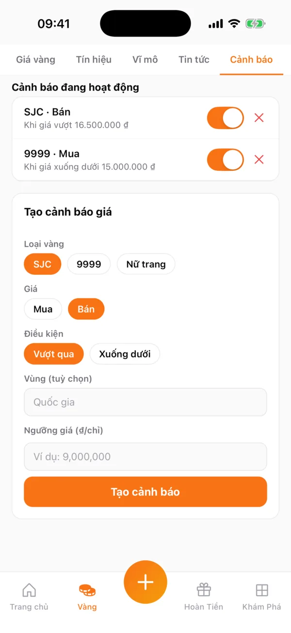 Danh sách cảnh báo và form tạo cảnh báo giá