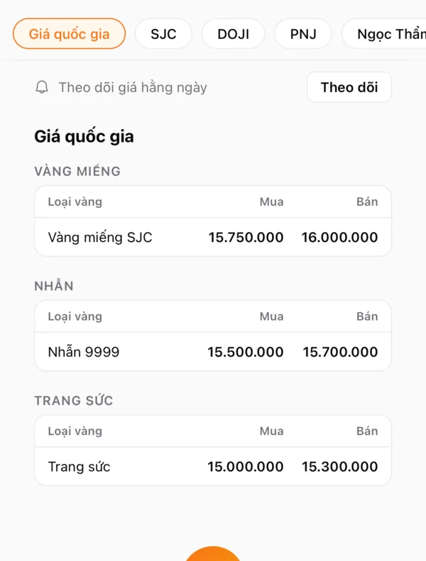 Bảng giá theo tiệm với nút Theo dõi