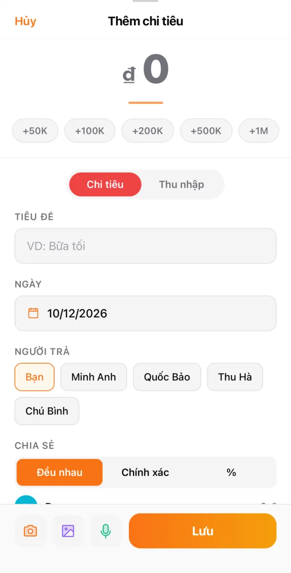 Form thêm chi tiêu cho nhóm