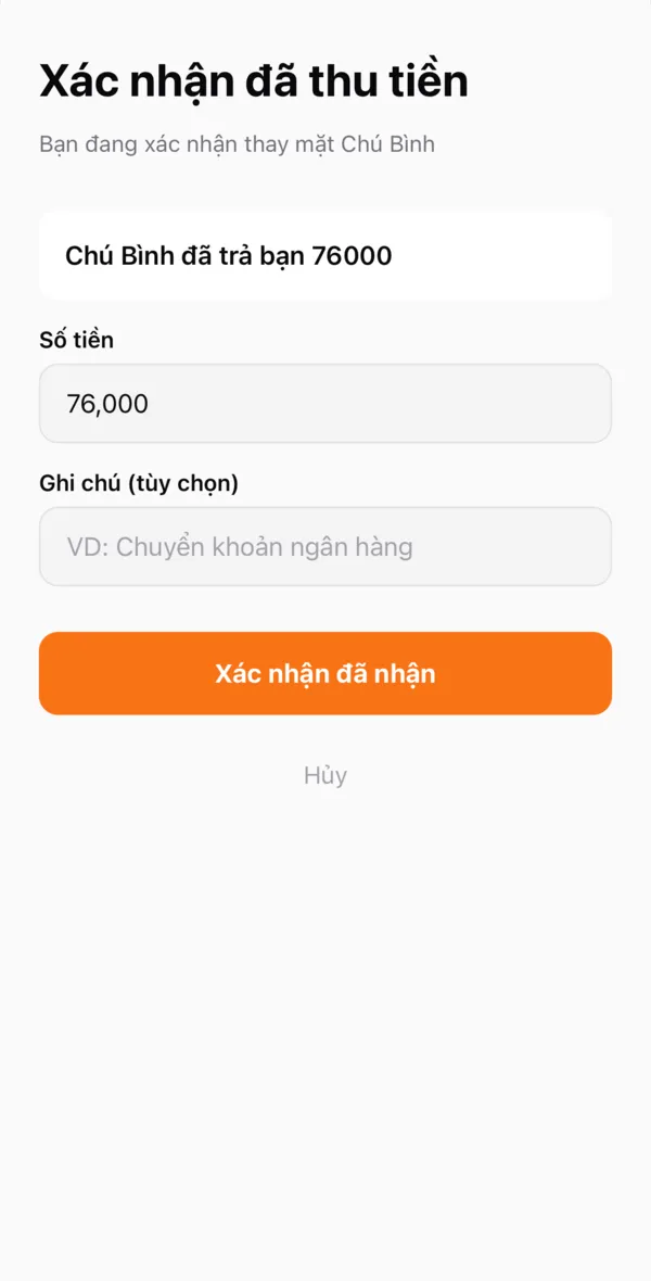 Xác nhận đã thu tiền thay khách