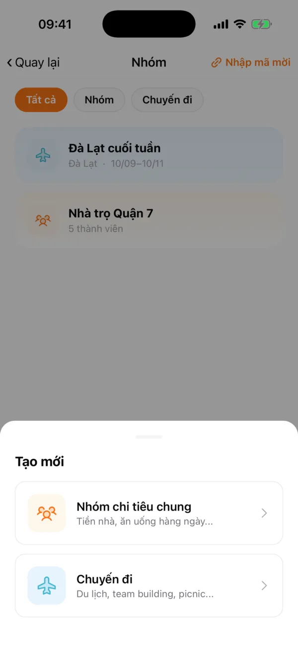 Chọn tạo nhóm hay chuyến đi