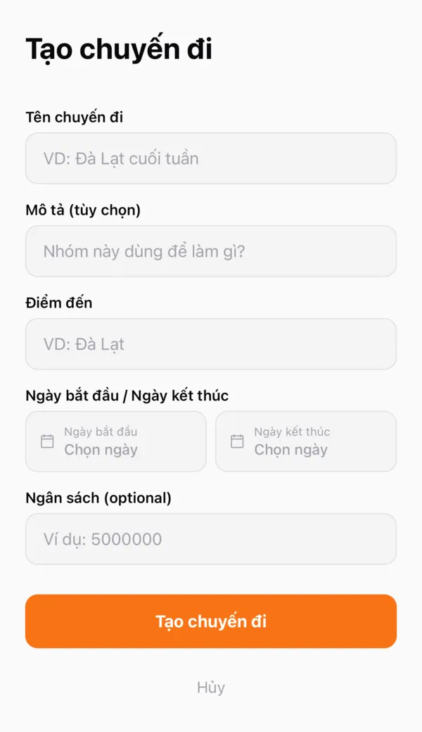 Form tạo chuyến đi