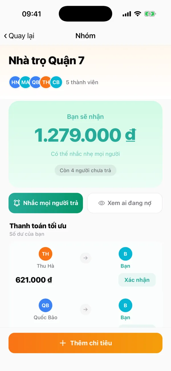 Màn hình nhóm với số tiền bạn sẽ nhận và gợi ý thanh toán