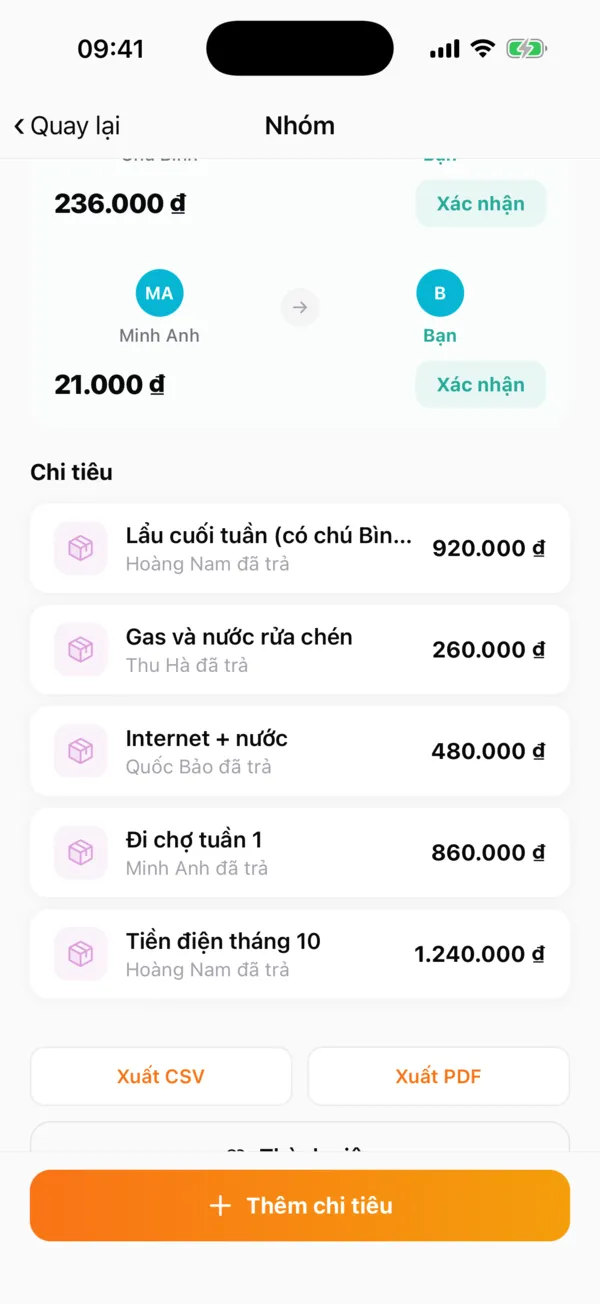 Danh sách chi tiêu của nhóm