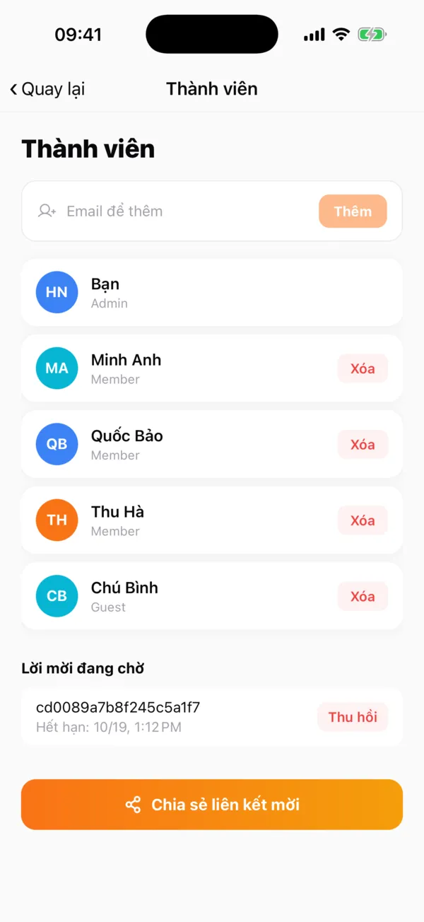 Màn hình thành viên và lời mời