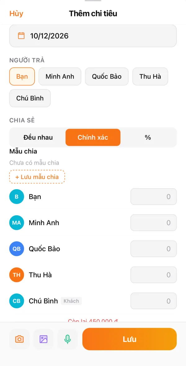 Chia theo số tiền chính xác