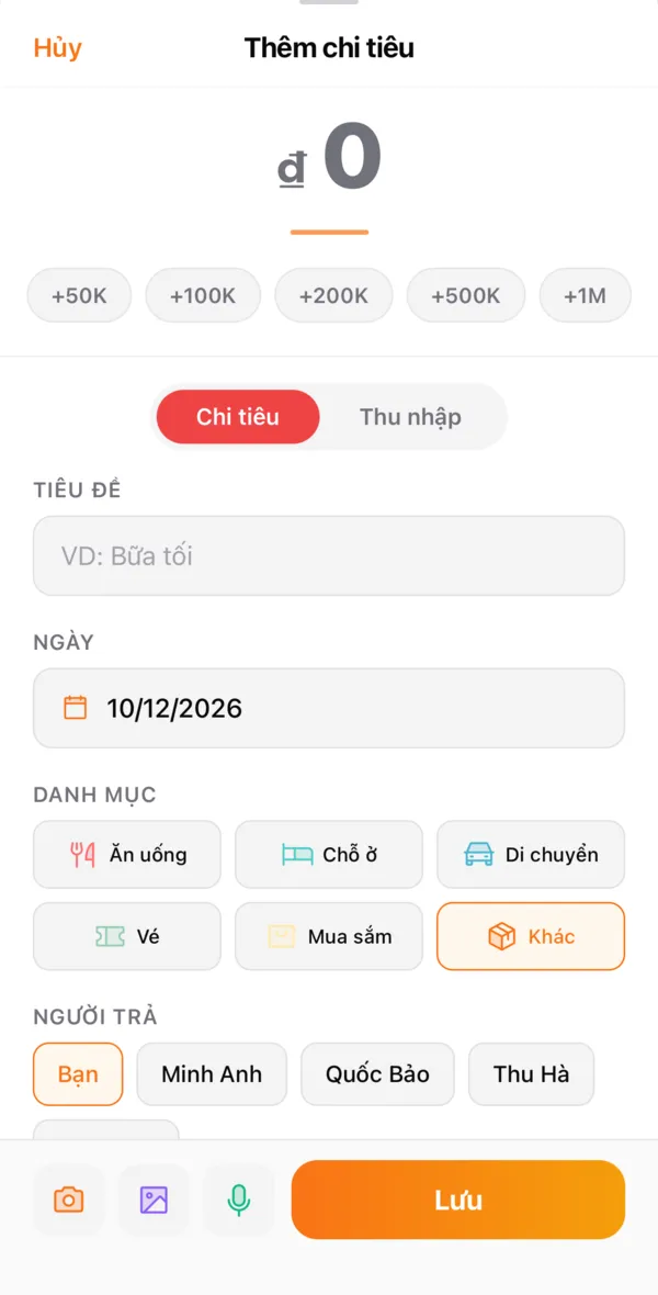 Thêm chi tiêu cho chuyến đi có danh mục