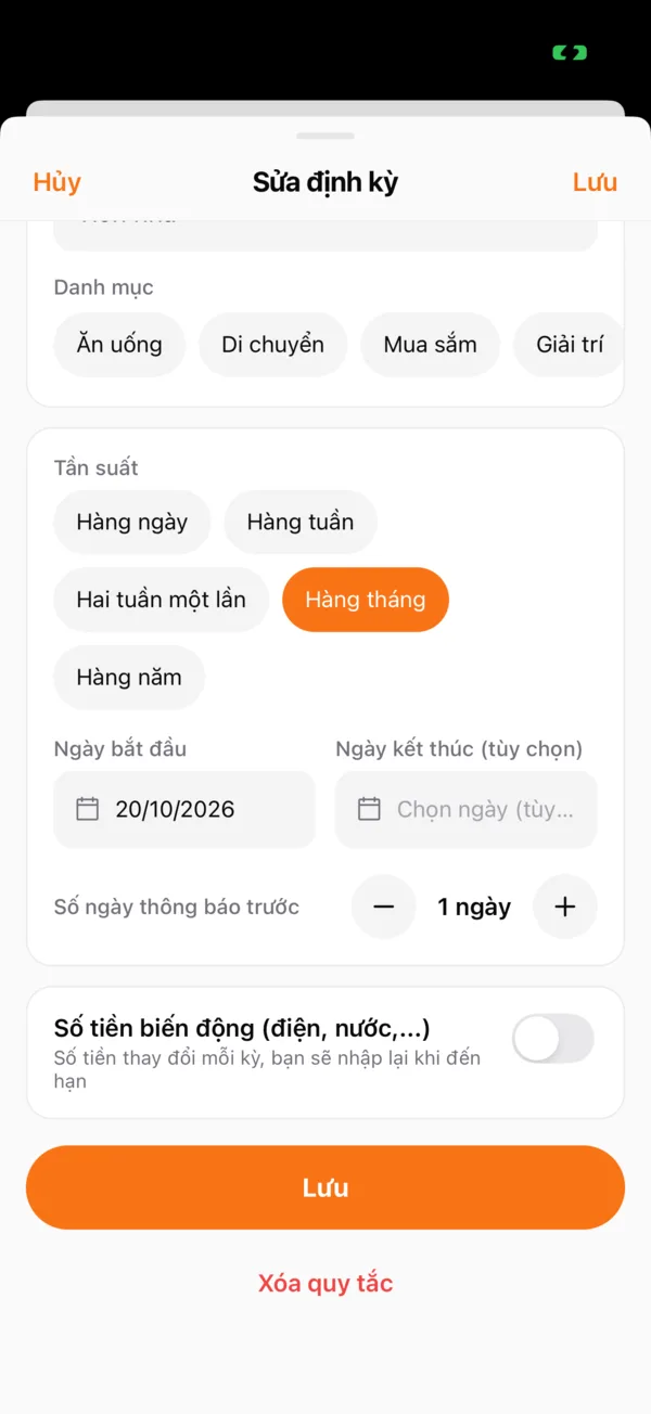 Công tắc Số tiền biến động khi tạo quy tắc