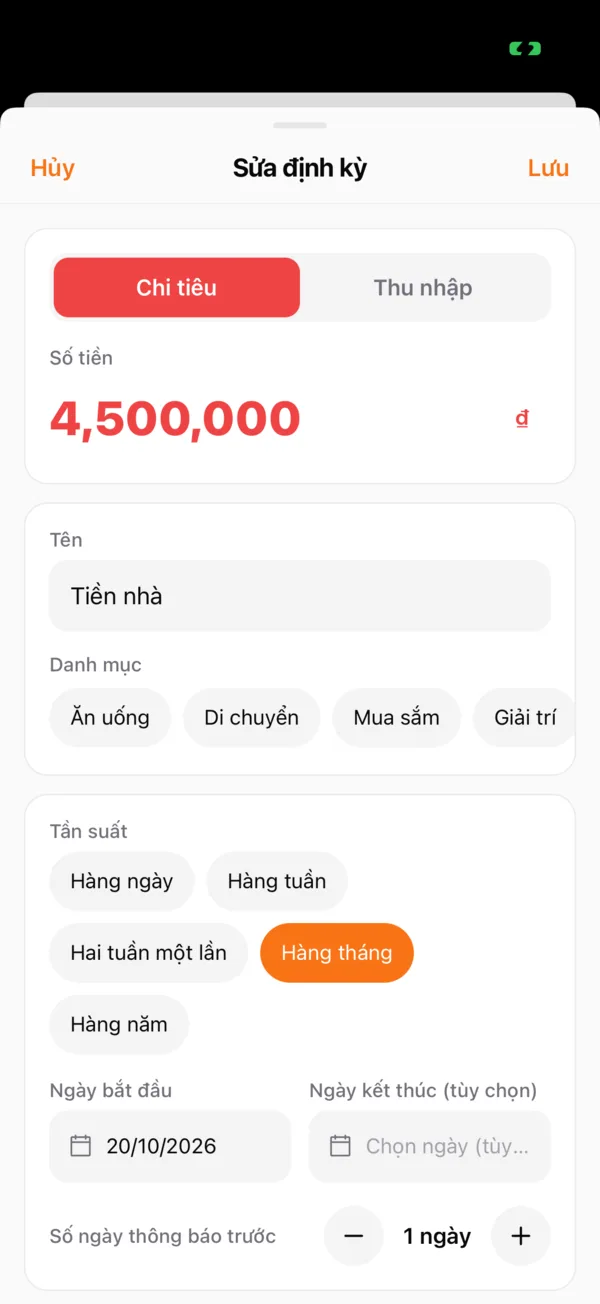 Form thêm giao dịch định kỳ