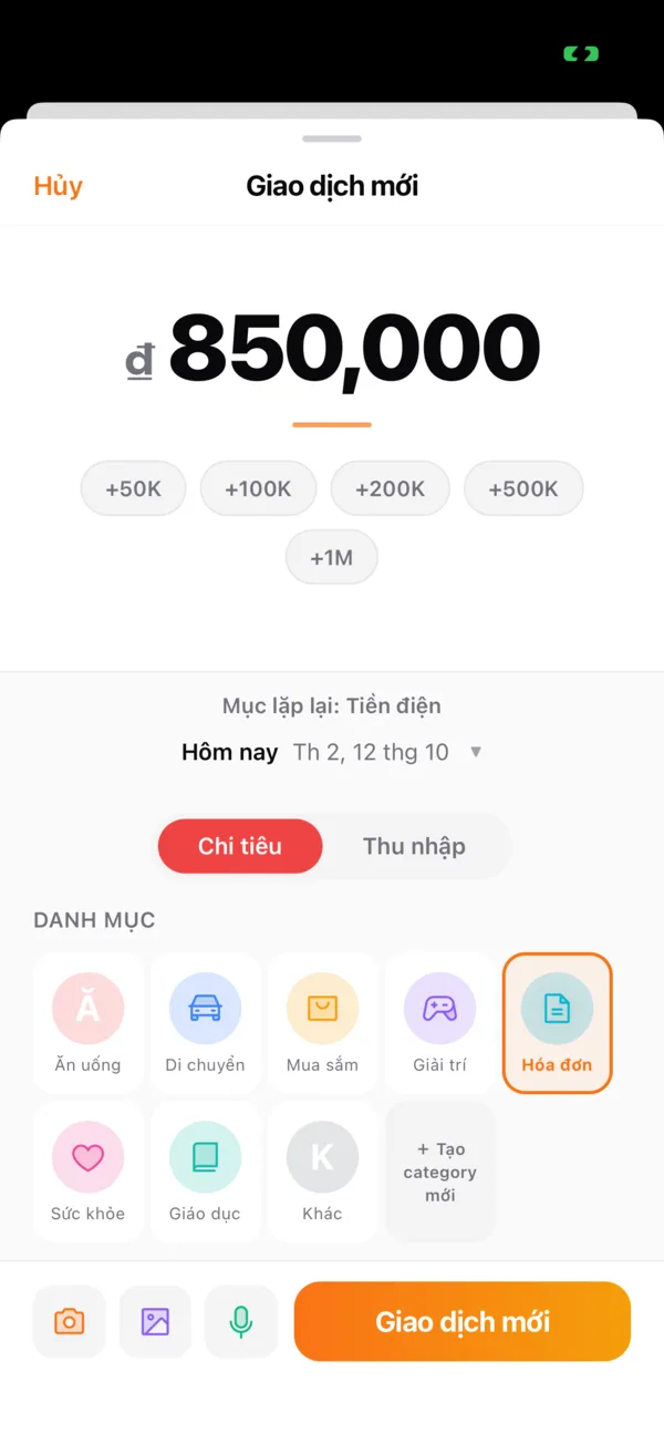 Màn thêm giao dịch hiện sẵn Mục lặp lại: Tiền điện