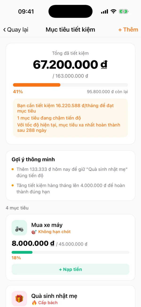 Màn Mục tiêu tiết kiệm với tổng tiến độ và gợi ý thông minh